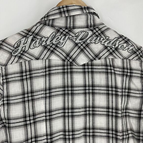 Harley Davidson Shirt Size Small Womens Black Plaid Snap Short Sleeve Rhinestone - Picture 6 of 7